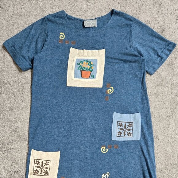 Vintage Cover Charge 100% Cotton Blue Patch Pocket Midi Dress Boho Whimsical - Picture 3 of 8